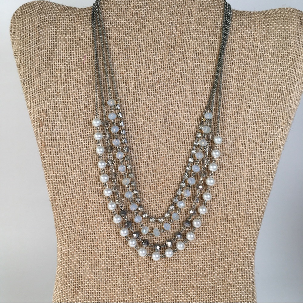 Ali Khan New York Multi Strand Necklace Crystal Rhinestone Faux Pearl